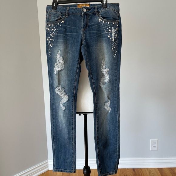 JouJou premium Denim pearl and rhinestone bling jeans size 7 rocker distressed - Picture 1 of 16